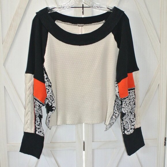 Free People Black and Cream Crop Top with Red Accents - Picture 4 of 7